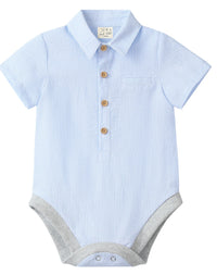 Me & Henry Helford Woven Onesie | Pale Blue Seersucker