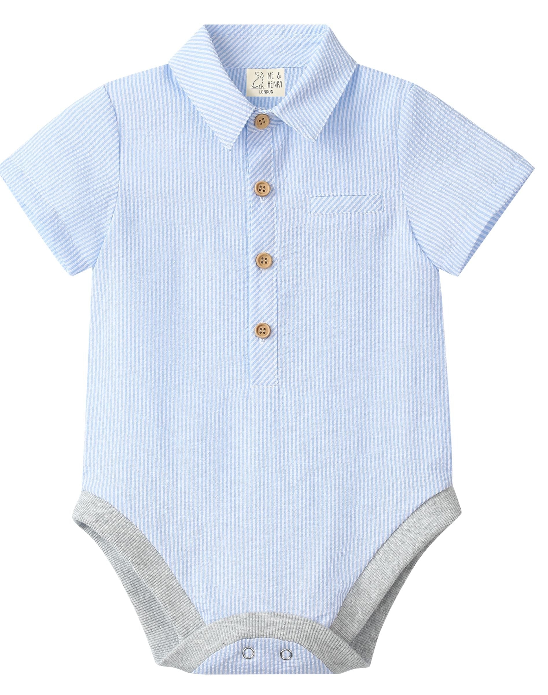 Me & Henry Helford Woven Onesie | Pale Blue Seersucker