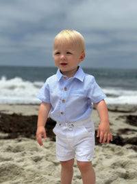 Me & Henry Helford Woven Onesie | Pale Blue Seersucker