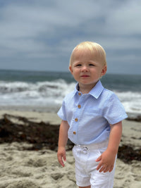 Me & Henry Helford Woven Onesie | Pale Blue Seersucker