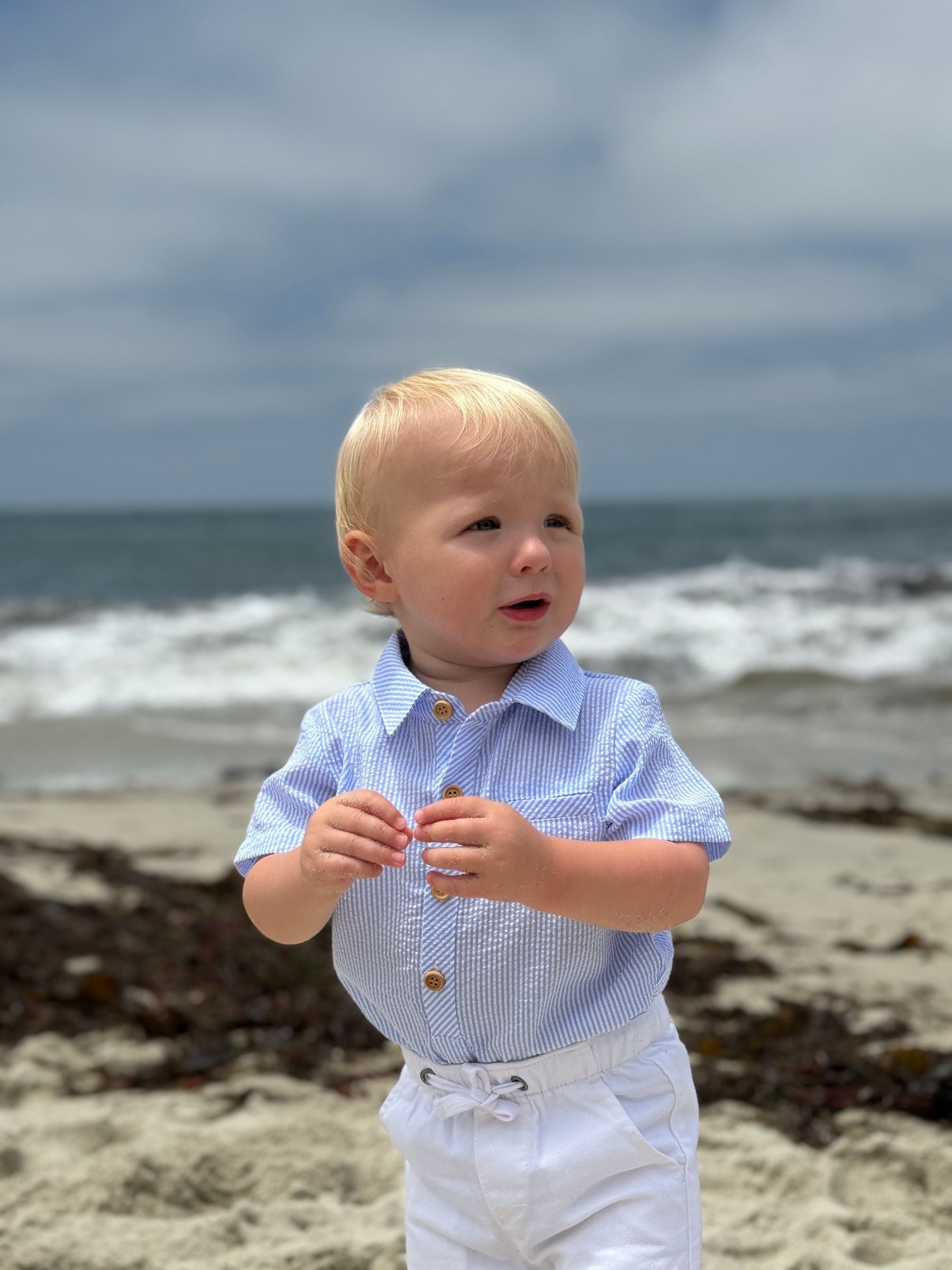 Me & Henry Helford Woven Onesie | Pale Blue Seersucker