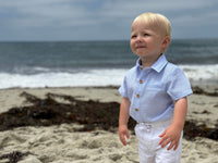 Me & Henry Helford Woven Onesie | Pale Blue Seersucker