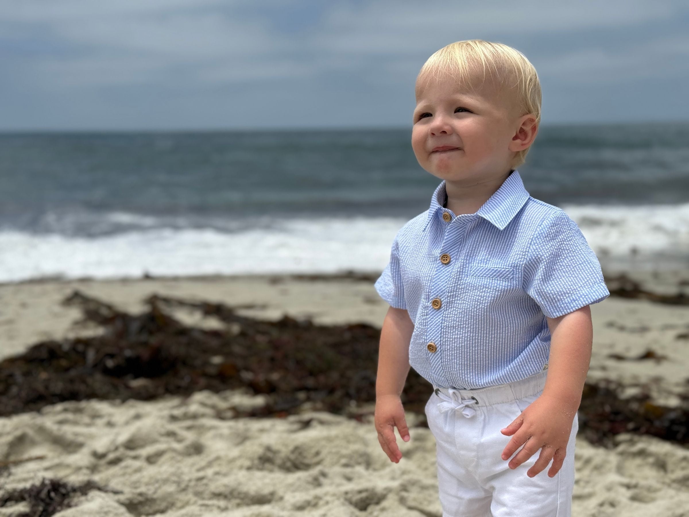 Me & Henry Helford Woven Onesie | Pale Blue Seersucker