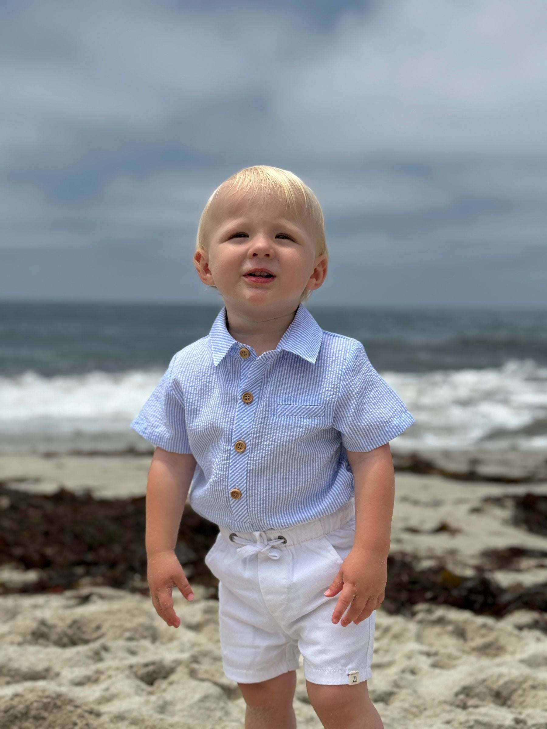 Me & Henry Helford Woven Onesie | Pale Blue Seersucker
