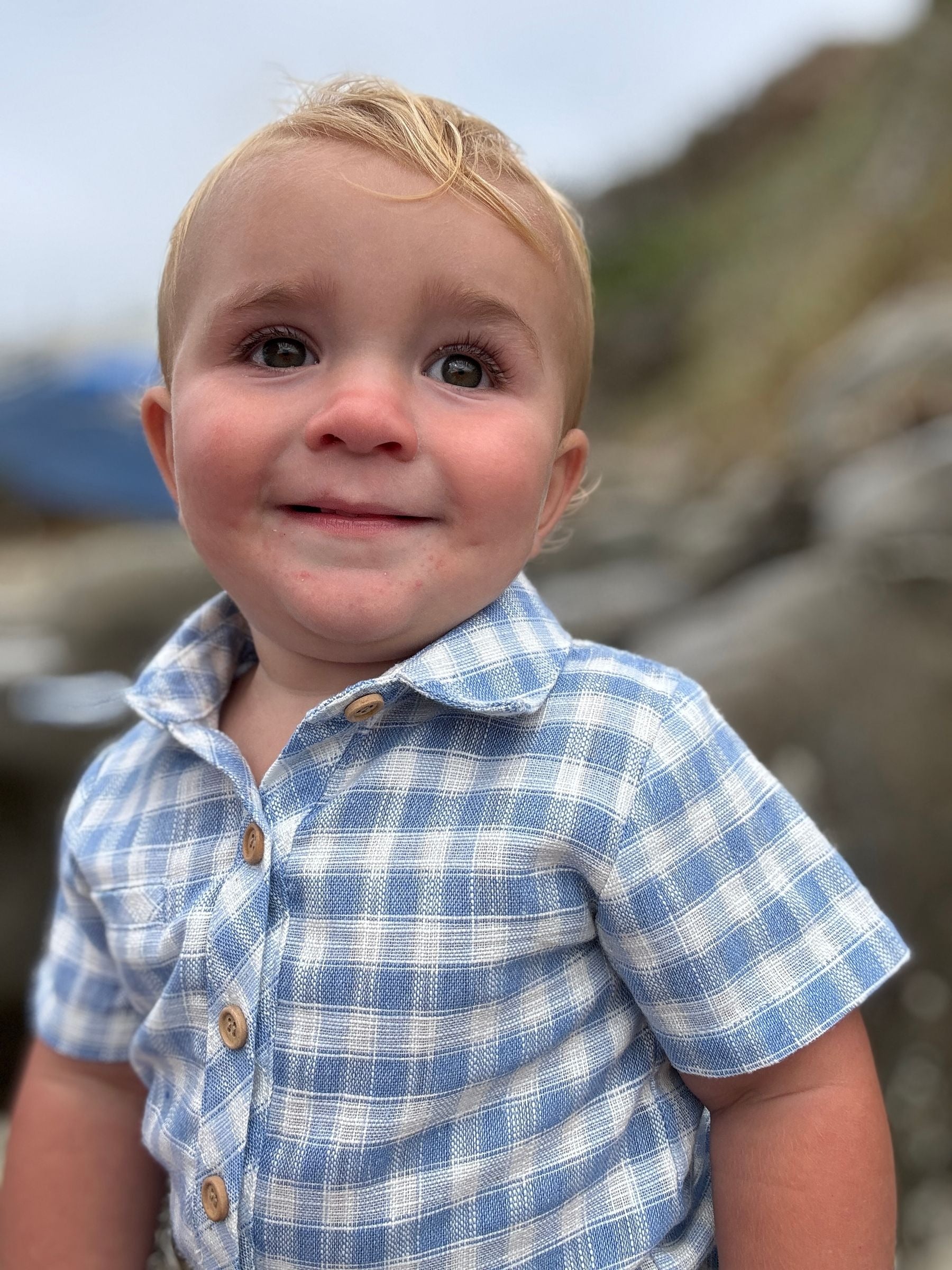 Me & Henry Helford Woven Onesie | Blue/White Plaid