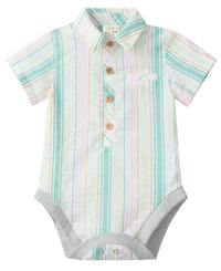 Me & Henry Helford Woven Onesie | Green/Gold Stripe