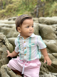 Me & Henry Helford Woven Onesie | Green/Gold Stripe