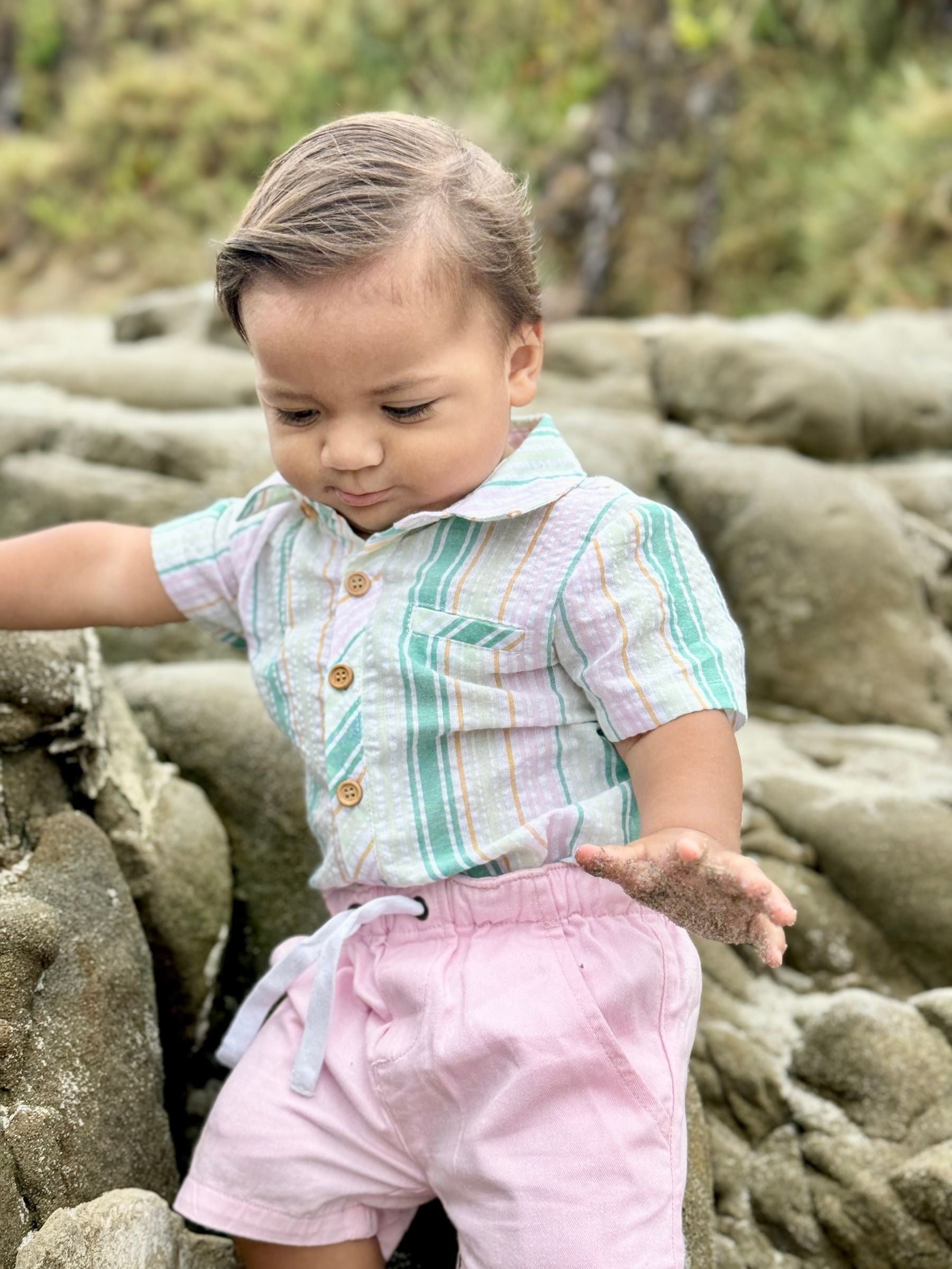 Me & Henry Helford Woven Onesie | Green/Gold Stripe