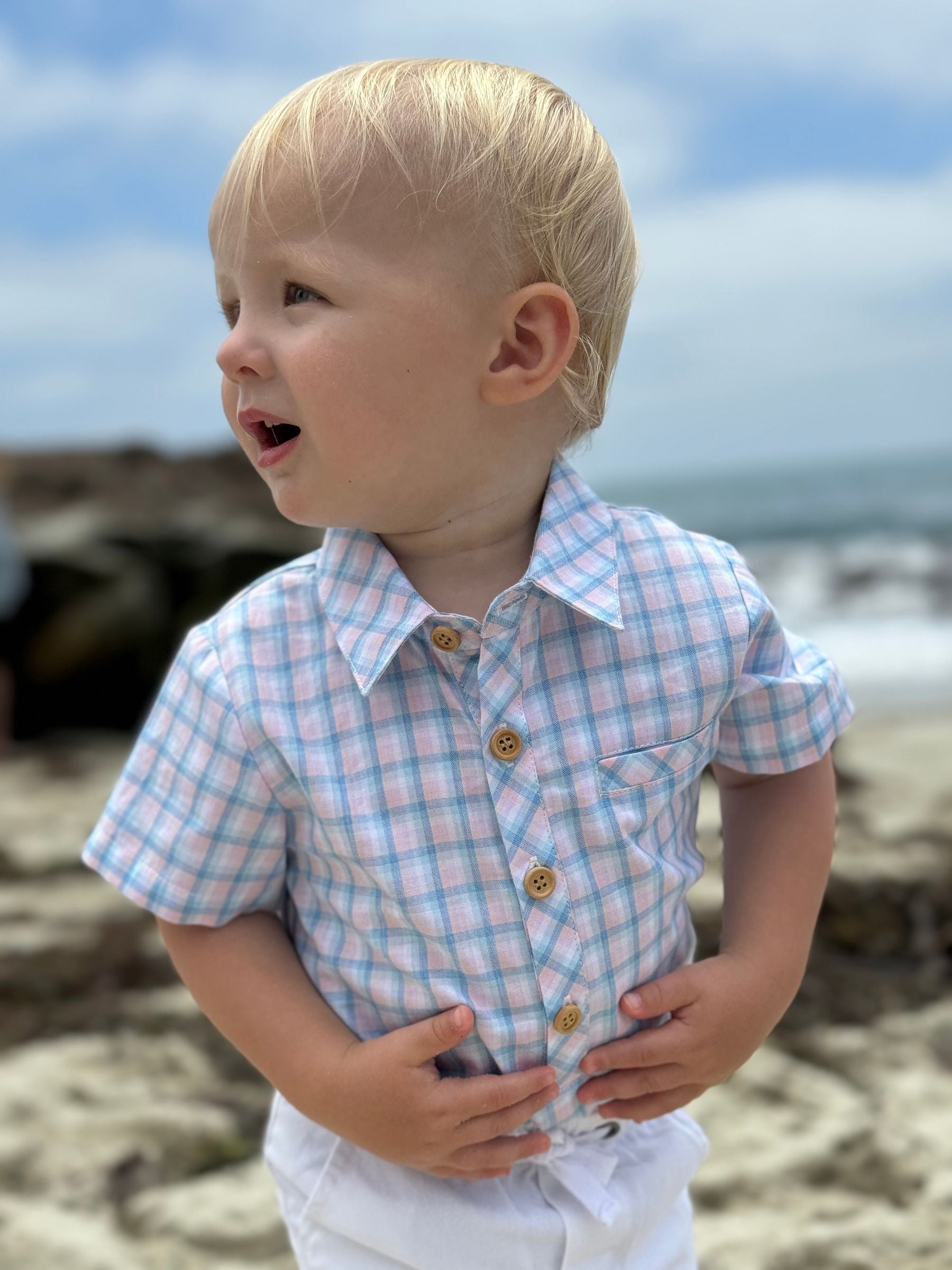 Me & Henry Helford Woven Onesie | Pink/Blue Plaid