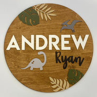 Sugar + Maple Round Personalized Name Sign | Dinosaur