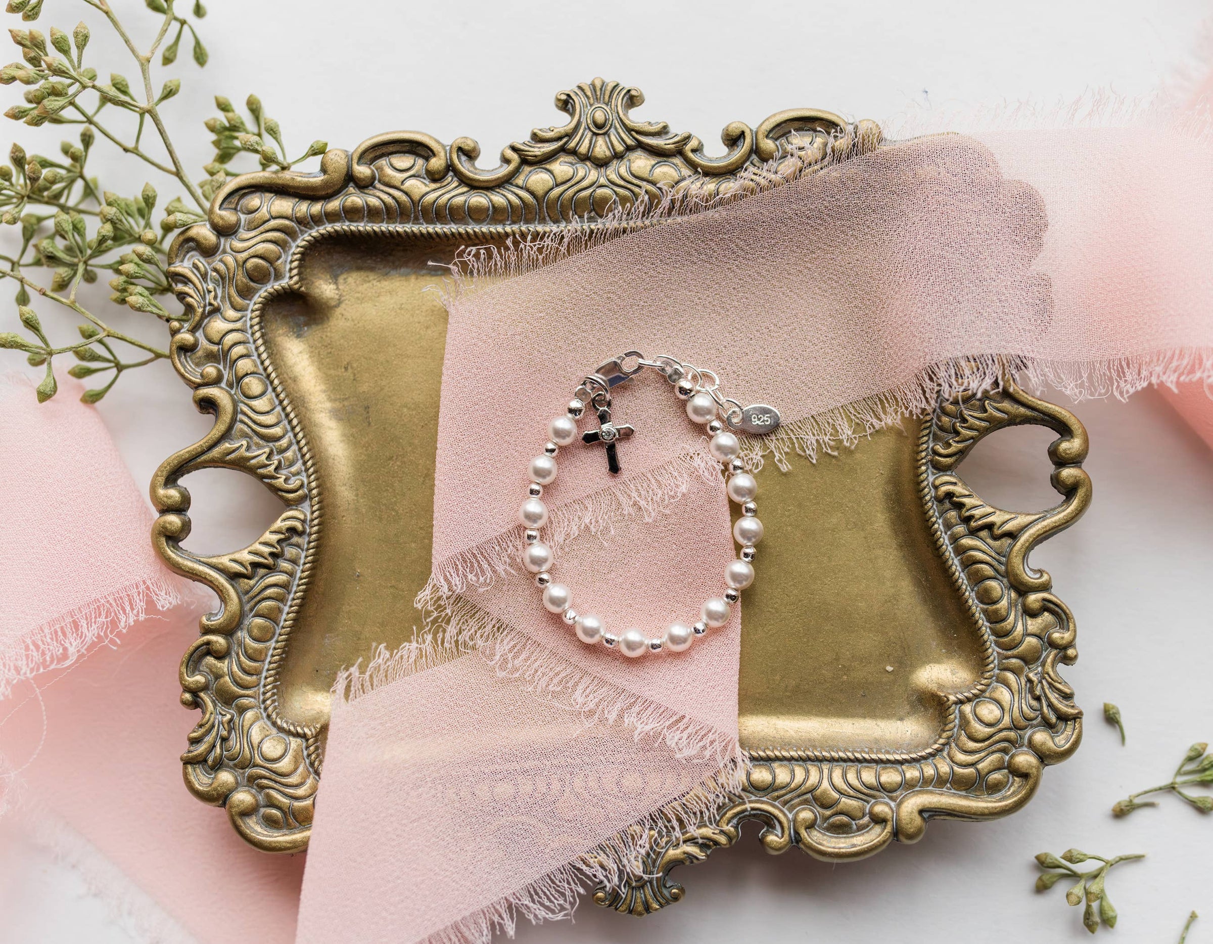Cherished Moments - Silver Pearl Cross Bracelet for Baptism or Christening Gift