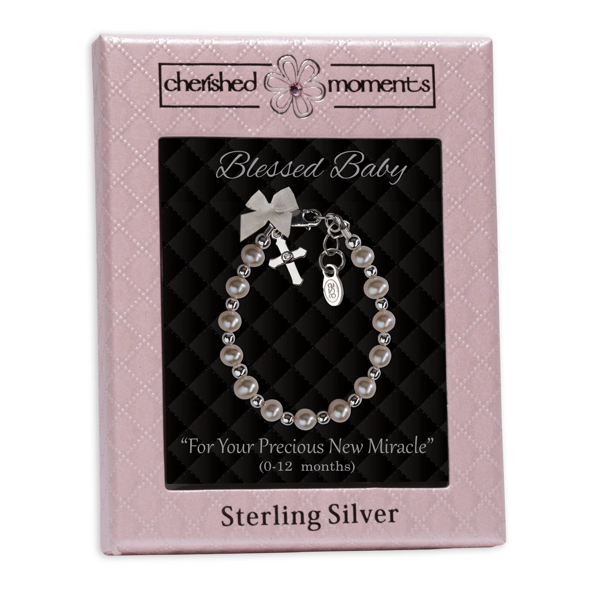 Cherished Moments - Silver Pearl Cross Bracelet for Baptism or Christening Gift