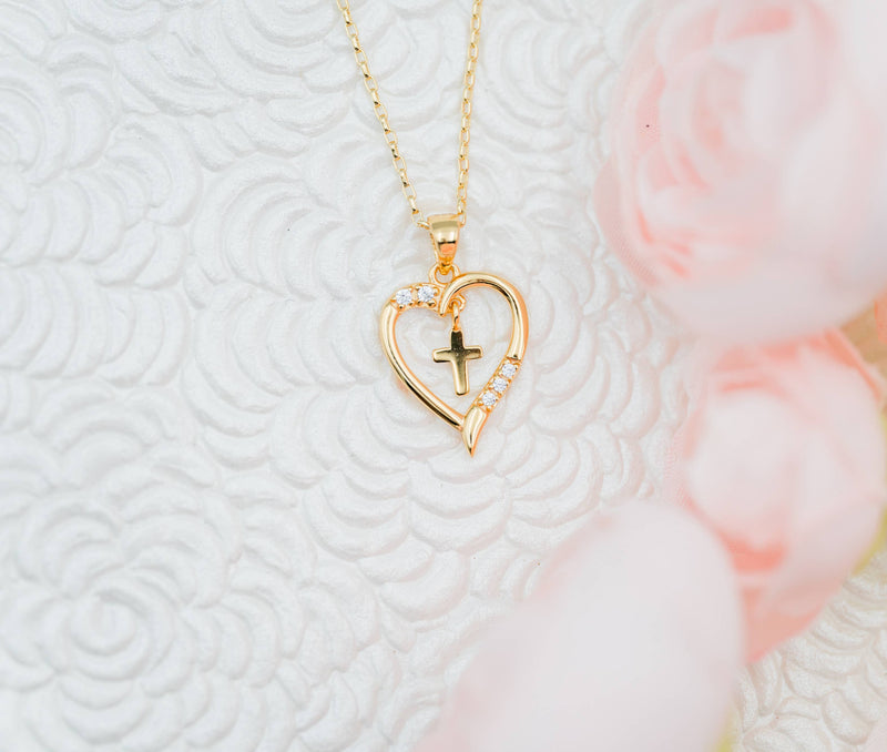 Cherished Moments Gold-Plated Children's Cross Heart Necklace for Girls