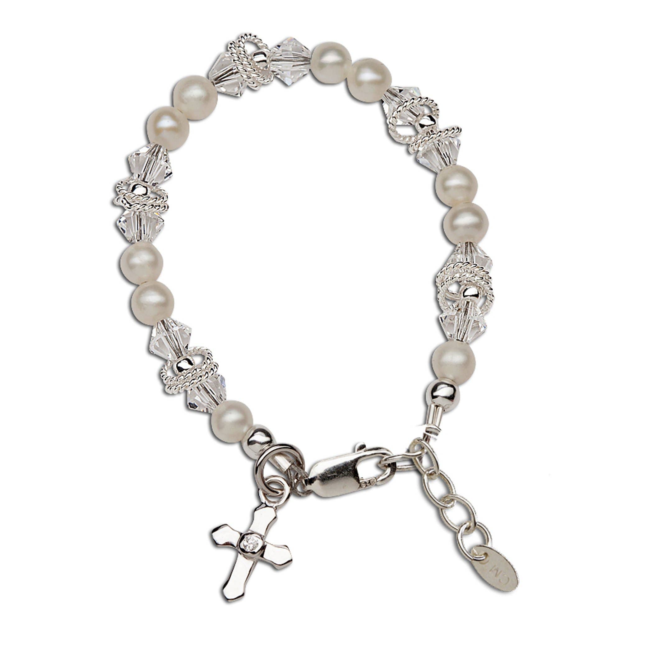 Cherished Moments - Krista - Sterling Silver Pearl Cross Baby Baptism Bracelet