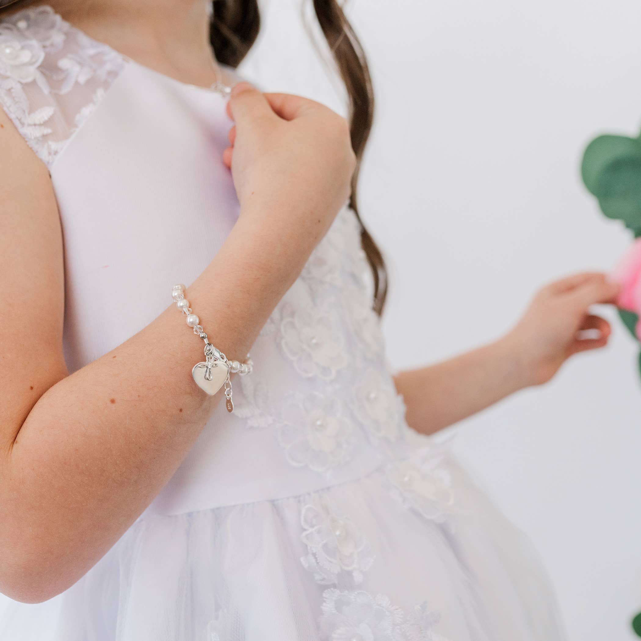 Cherished Moments - Silver Pearl Cross Baby Bracelet Baptism & Communion Gift