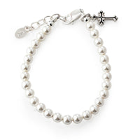 Cherished Moments - Girls Silver Pearl Cross Baby Baptism and Communion Bracelet
