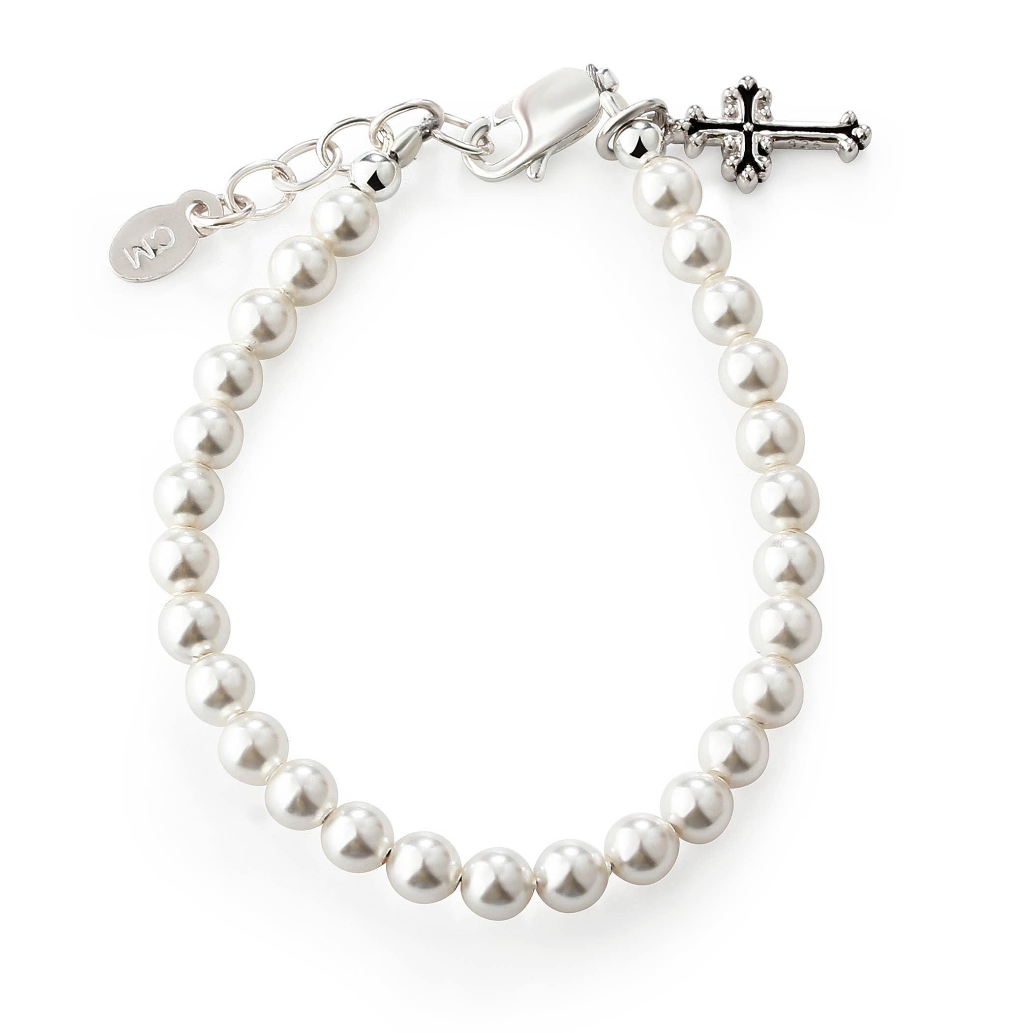 Cherished Moments - Girls Silver Pearl Cross Baby Baptism and Communion Bracelet