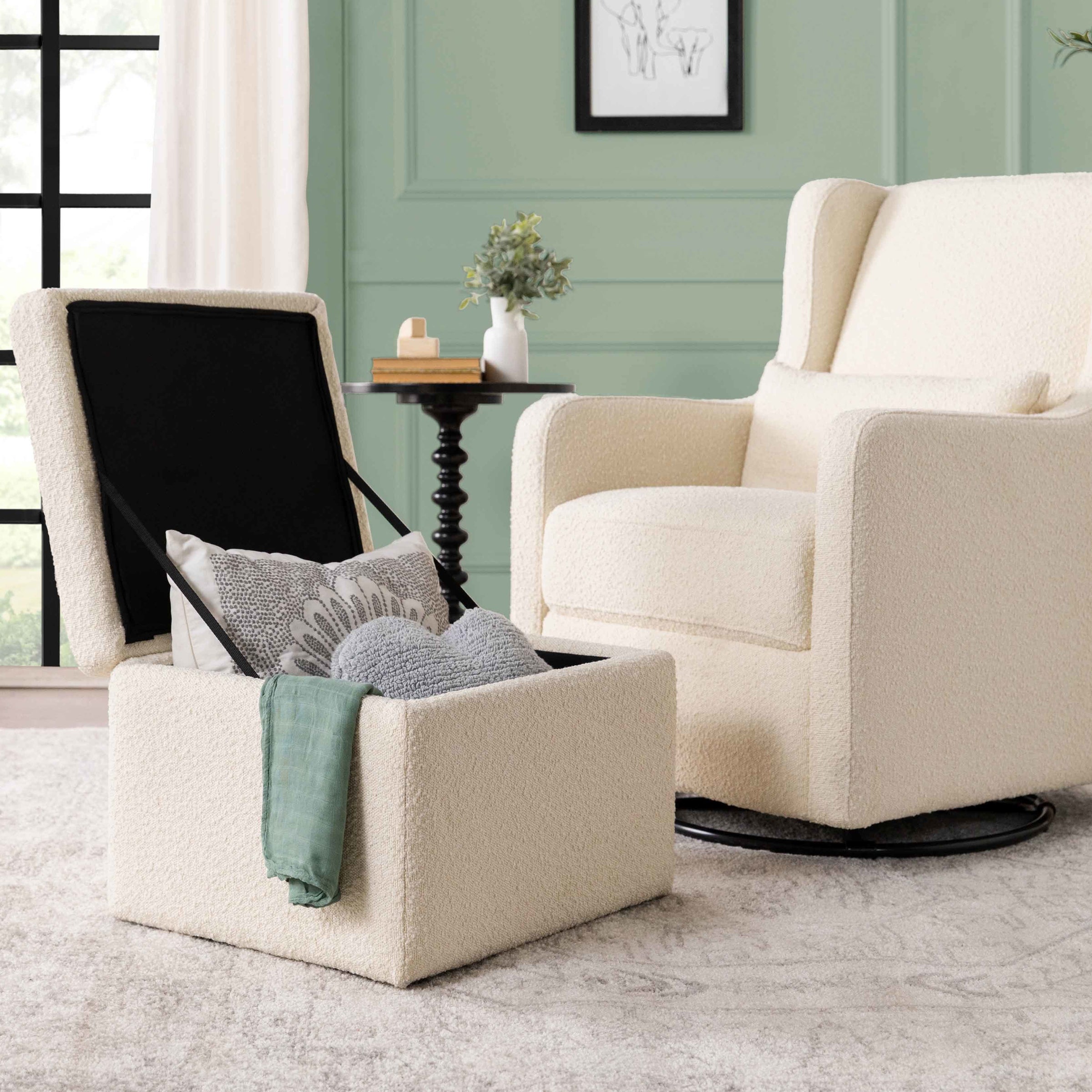 DaVinci Adrian Swivel Glider with Storage Ottoman | Ivory Boucle fabric