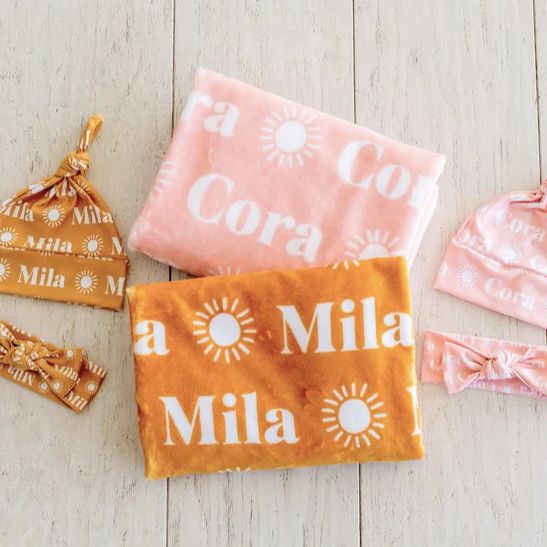 Sugar + Maple Plush Minky Fleece Personalized Blanket | Sun Icon Repeating Name