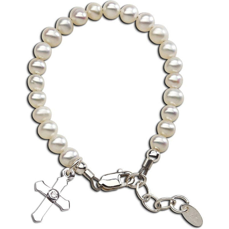 Cherished Moments Lacey-Sterling Silver Pearl Cross Baby Christening Bracelet